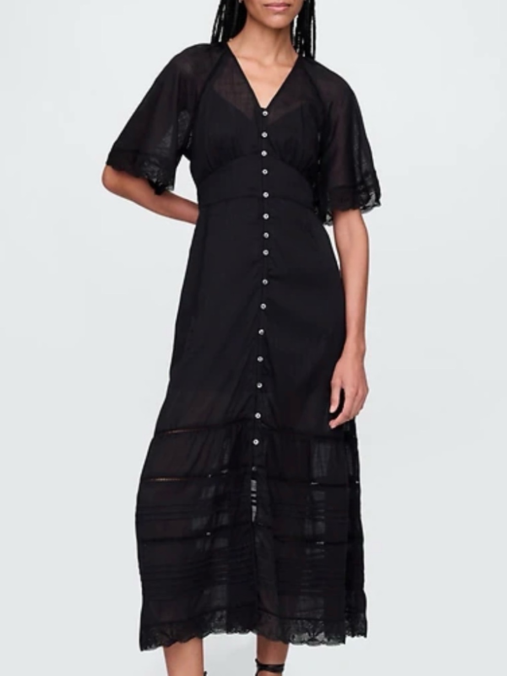 GAP Black Lace-Trim Button-Front Maxi Dress
